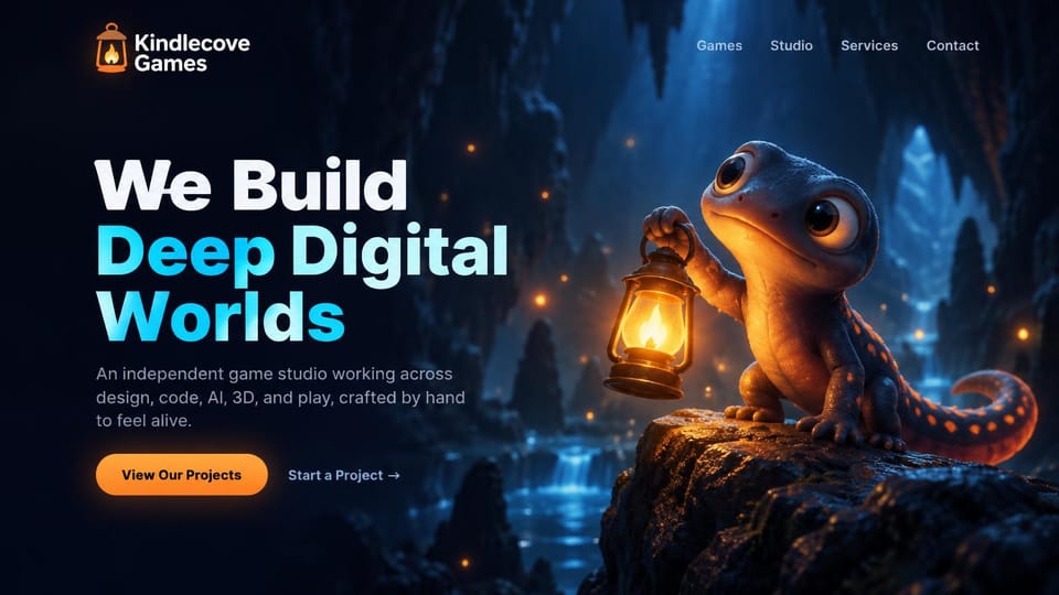 Gaming website design, studio with a mascot and client services: dark blue cave with glowing water, white, cyan and yellow headline, an orange button, a 3D salamander holding a lantern