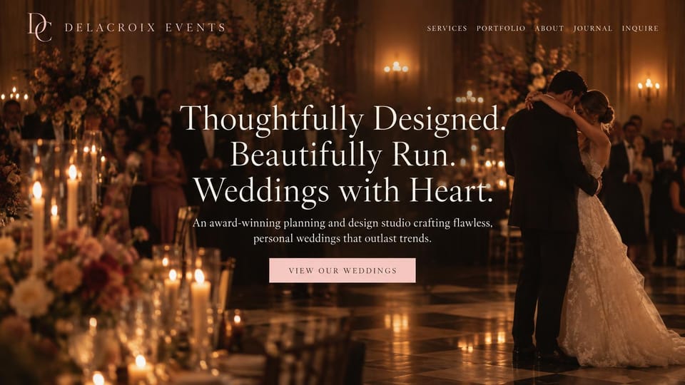 Wedding planner website design, wedding design studio with a candlelit first dance: dark candlelit reception with a couple dancing, centered white serif headline, blush portfolio button