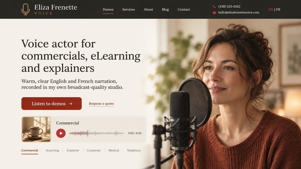 Actor website design, bilingual voice actor for commercials and eLearning: charcoal top bar, cream page, a dark serif headline, a rust demo button, a waveform player and a woman in a rust sweater at a microphone