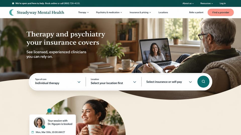 Therapist website design, group practice with an insurance search: a man on a video session at home behind a white serif headline, a three-part search bar below