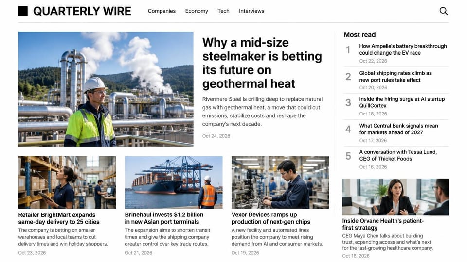 News and magazine website design, business news with a most-read column: white page, a black square logo and bold black headlines, an engineer in a hard hat at a geothermal plant, and photos of a warehouse, a container port and a factory floor