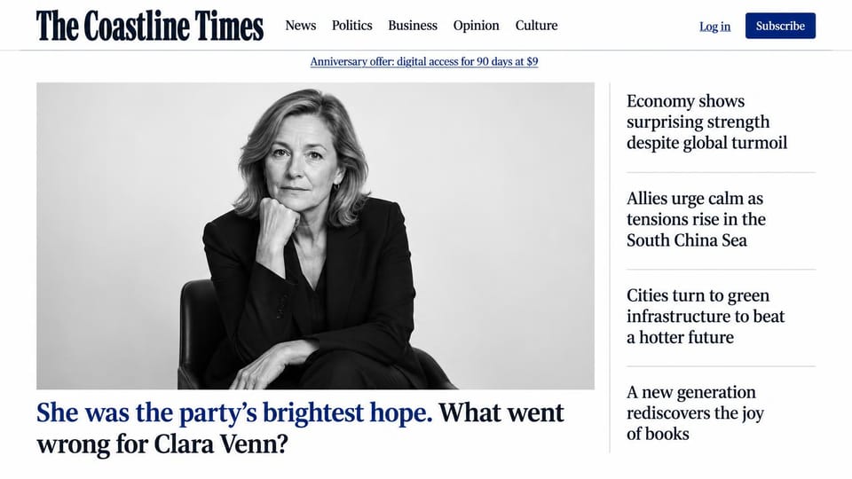 News and magazine website design, daily paper with a black-and-white portrait lead: white page, navy condensed masthead and buttons, a black-and-white portrait of a woman in a dark blazer