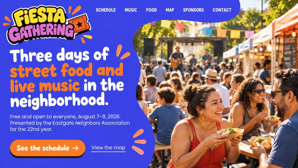 Event website design, neighborhood street food festival in bright blue: bright blue curved panel with chunky white and orange lettering, orange schedule button, crowd eating at a street food fair