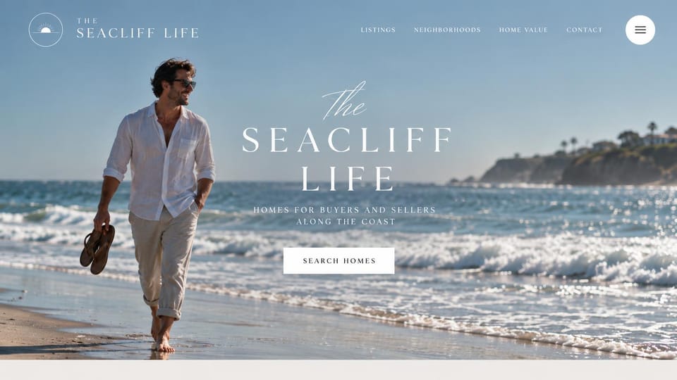 Real estate website design, beach lifestyle for a coastal agent: a man walking barefoot on a sunny beach, a large spaced serif wordmark and a white search button