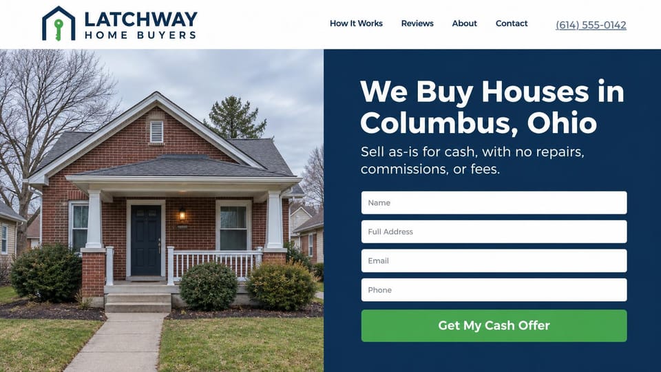 Real estate investor website design, split-screen cash offer with a four-field form: white header, a red brick bungalow on the left, a navy panel on the right with a white headline, four form fields and a green button