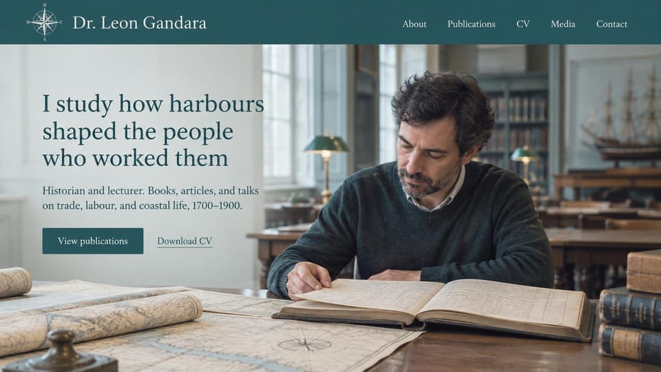 Resume website design, maritime historian with an archive photo: deep teal menu bar, a full-width photo of a bearded man reading an old book among maps and ship models, a dark serif headline and a teal publications button