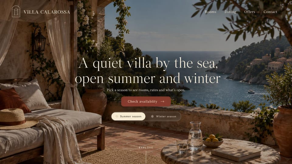 Hotel website design, seaside villa hotel with a season switch: a draped daybed on a terracotta terrace above the sea, a centered serif headline and a season toggle