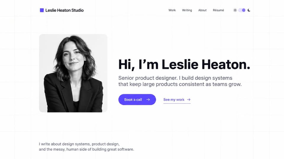 Resume website design, senior product designer with a book a call button: white page with a faint grid, a black and white portrait in a rounded frame, a large black hello and a purple book a call button