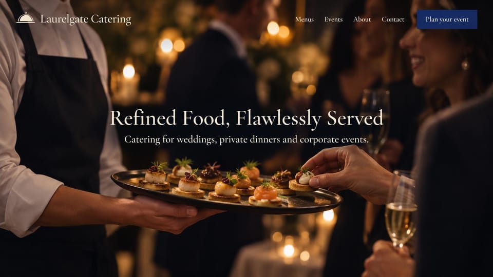 Catering website design, evening event catering with a guest taking a canapé: dark candlelit party photo, a server holding a tray of canapés as a guest takes one, centered cream serif headline, a navy button in the corner