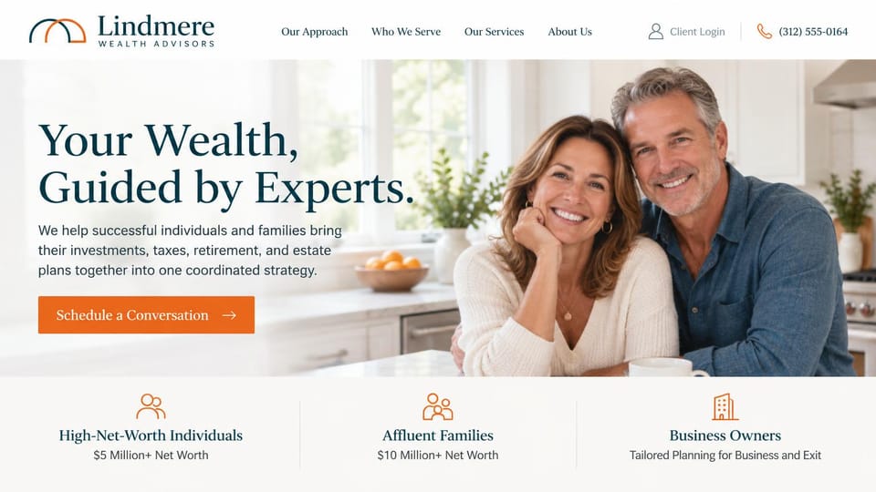 Financial advisor website design, wealth management with client types listed: cream page, navy serif headline, orange button, a smiling couple in a bright kitchen and three icon cards below
