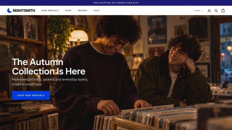 Fashion website design, young menswear in a record shop: indigo top bar, two young men in a burgundy knit and an olive jacket flipping through record bins in a warm-lit shop, a bold white headline and a bright blue button