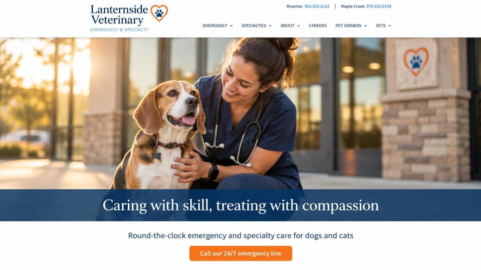Veterinary website design, emergency and specialty with a headline banner: white header, a photo of a vet with a beagle outside the clinic, a navy banner with a white serif line, an orange emergency button