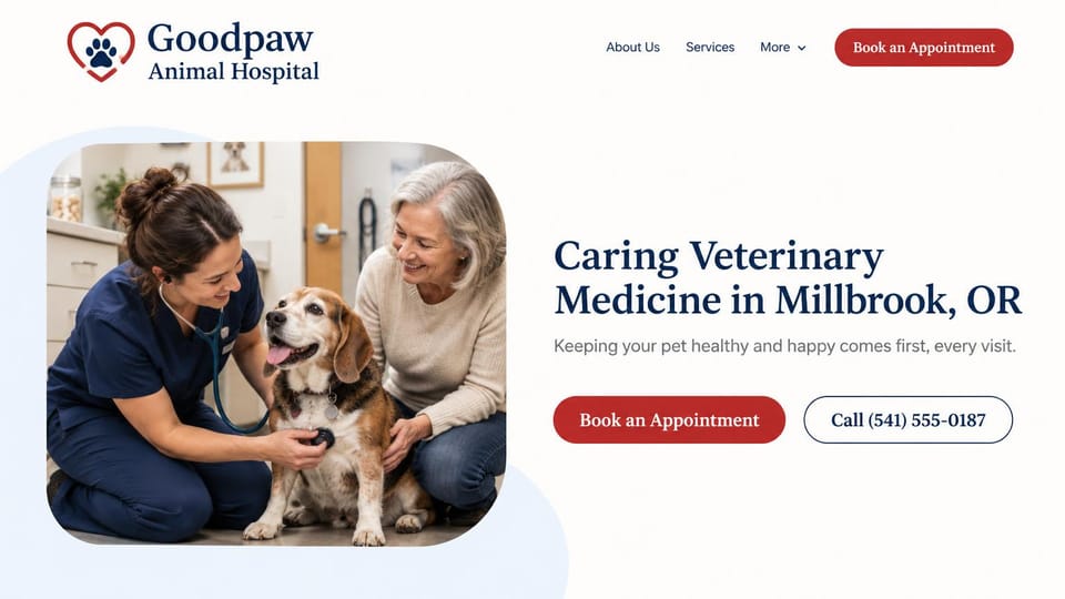 Veterinary website design, neighborhood hospital with a rounded exam photo: white page, a rounded photo of a vet and an older woman with a beagle, a dark serif headline, red and outlined buttons