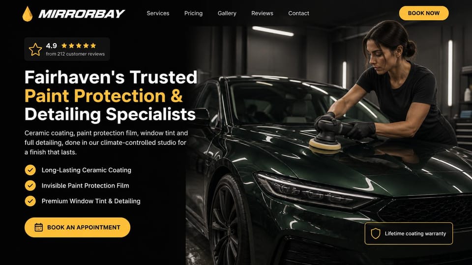 Car detailing website design, paint protection studio with a service checklist: black page, a white and gold headline, three gold checkmarks, a gold appointment button, a detailer machine-polishing a dark green car in a lit studio