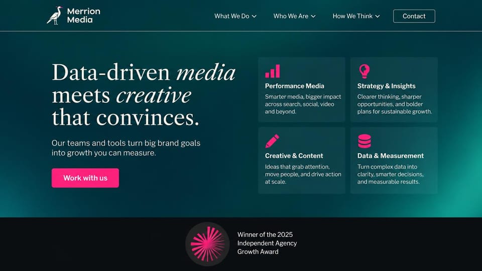 Marketing agency website design, media agency with four service cards: deep teal page, a cream serif headline with italic words, a pink button and four service cards