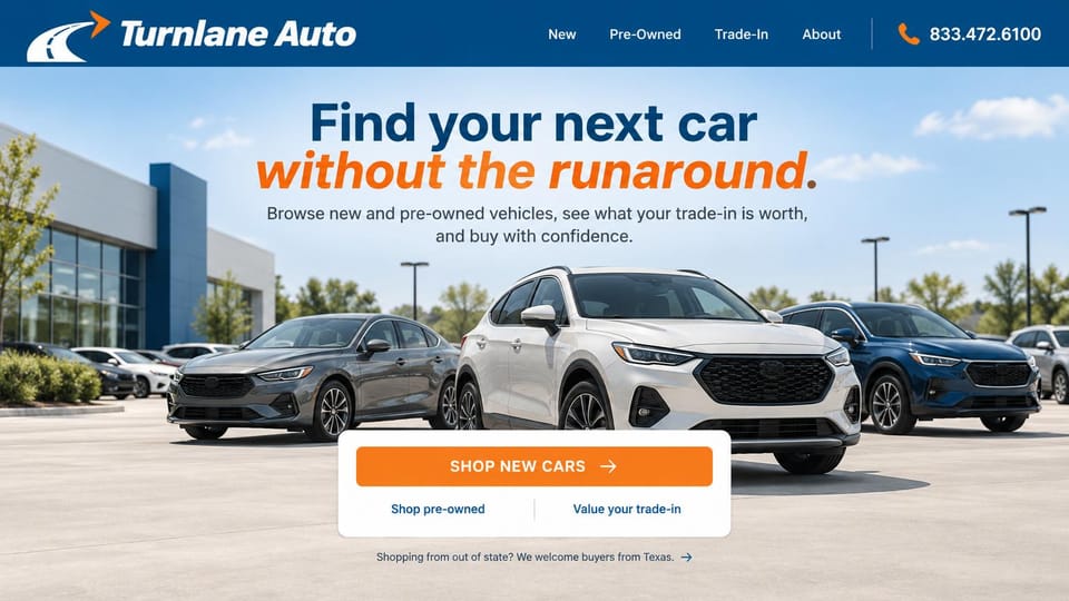 Car dealership website design, new and used dealer with a two-color promise: blue header with an orange phone icon, three cars outside a glass showroom on a sunny day, a navy and orange headline and an orange button in a white card