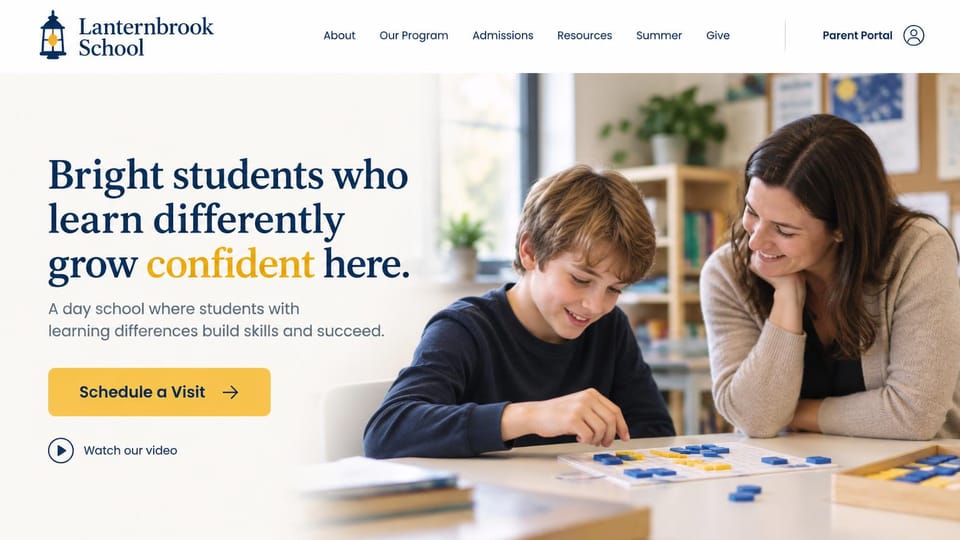 School website design, day school for learning differences with a video link: white page, a navy serif headline with one gold word, a teacher smiling as a boy places blue tiles on a grid, a yellow visit button