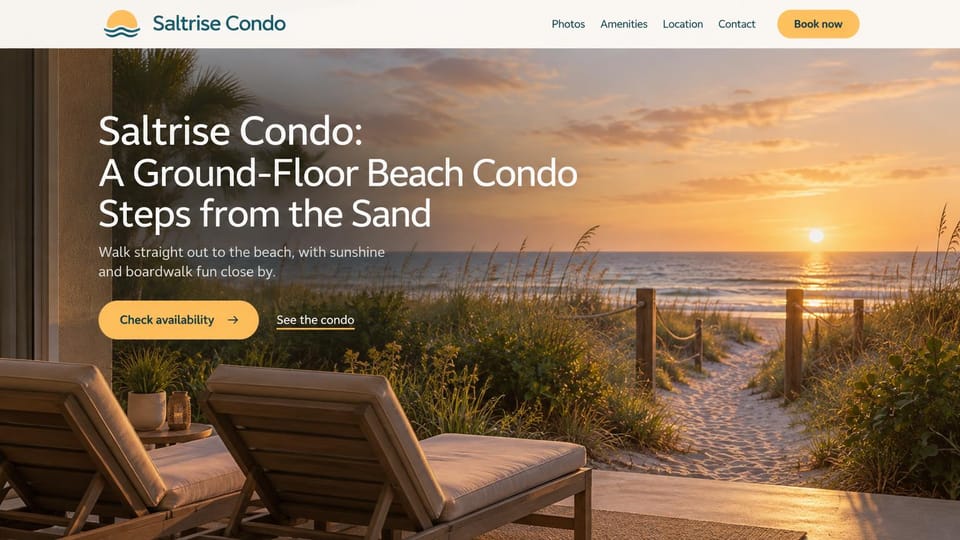 Vacation rental website design, ground-floor beach condo with a dune path view: white header with a sun logo and a yellow book now button, a sunset view from a patio with two loungers down a dune path to the beach, a large white headline and a yellow availability button