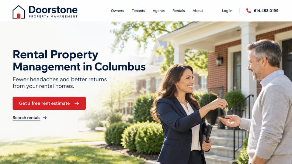 Property management website design, rental home management that names its city: white page with a house mark and red phone icon, a navy headline, a red rent estimate button beside a manager handing keys to a man outside a brick house
