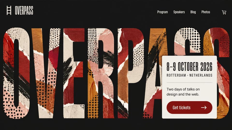 Event website design, design conference in torn-paper letters: huge torn-paper collage letters in red, cream and black halftone, white card with dates and a red ticket button