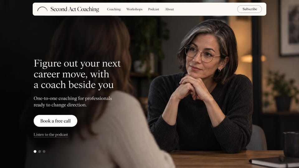 Coaching website design, career coaching in a real session: warm dark photo of a coach listening to a client, a white serif headline and a floating cream menu bar