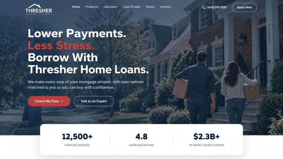 Mortgage website design, lower payments with a rate check button: blue-gray overlay on a couple carrying boxes to a brick house, a white and red headline and a white stats card below