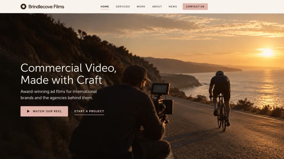 Videographer website design, ad films for brands and agencies at golden hour: golden hour coastal road with a camera rig filming a cyclist, white sans headline at left, pink reel button and a project link
