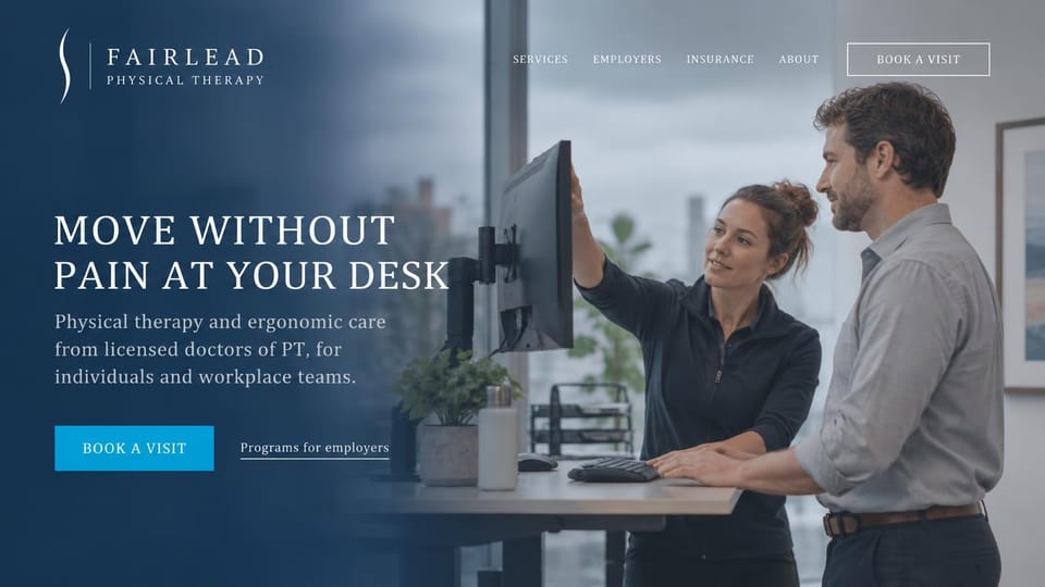 Chiropractor website design, physical therapy for desk workers: navy gradient over a therapist adjusting a monitor for a man at a standing desk, white serif capitals