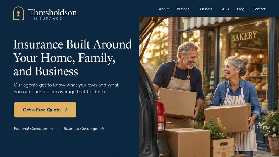 Insurance agency website design, home and business coverage outside the family bakery: dark navy page, a white serif headline, a gold quote button and an older couple in aprons carrying boxes outside a bakery at golden hour