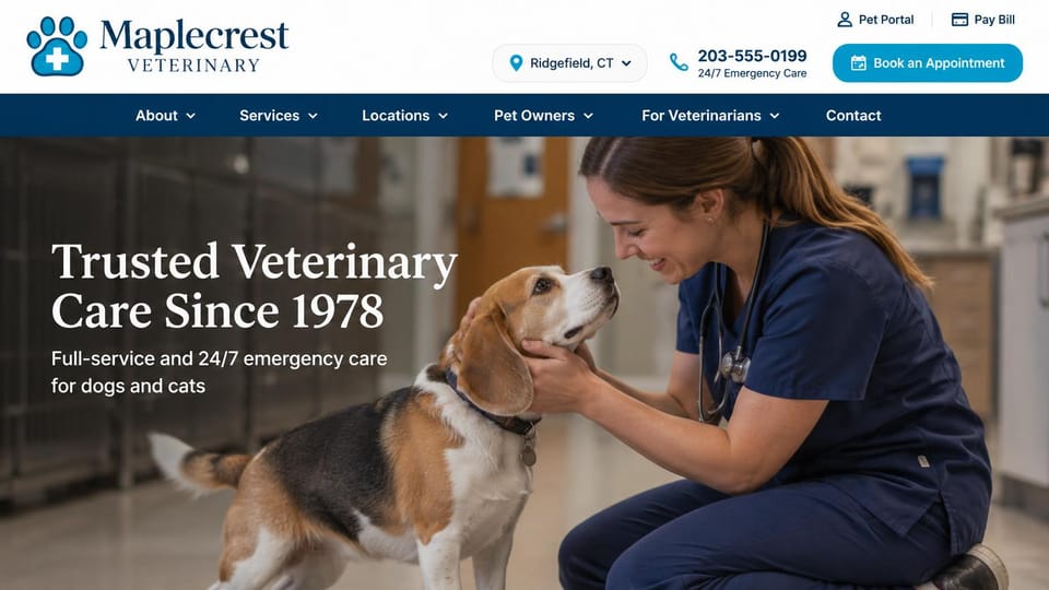 Veterinary website design, full-service hospital with a pet portal: white header and navy menu bar, a photo of a vet greeting a beagle, a white serif headline, a blue appointment button
