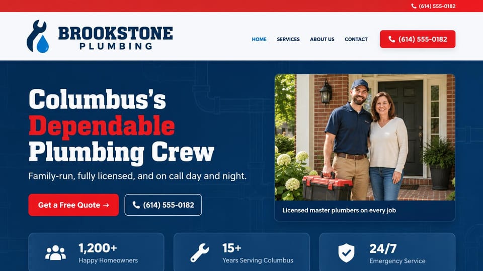 Contractor website design, family plumbing crew with big numbers: royal blue and red, a heavy headline beside a plumber and homeowner photo, three figure cards below