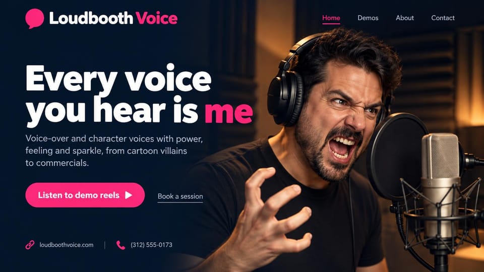 Actor website design, character voice actor with loud pink type: dark navy page, a bold white headline with a hot pink word, a pink demo button and a man shouting into a microphone in headphones
