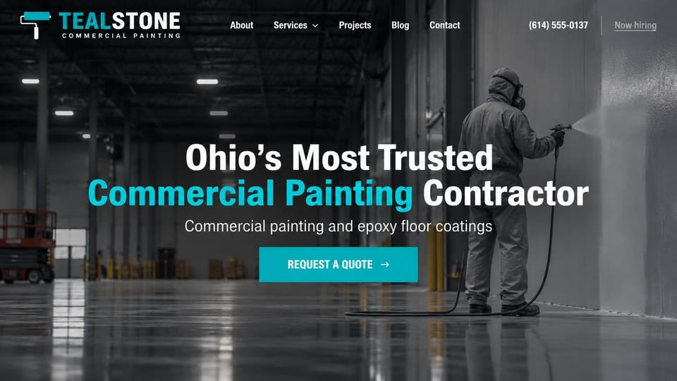 Painting website design, industrial painting and epoxy floors, dark and bold: black and gray warehouse photo of a worker in a respirator spraying a wall, a white and teal centered headline, a teal quote button