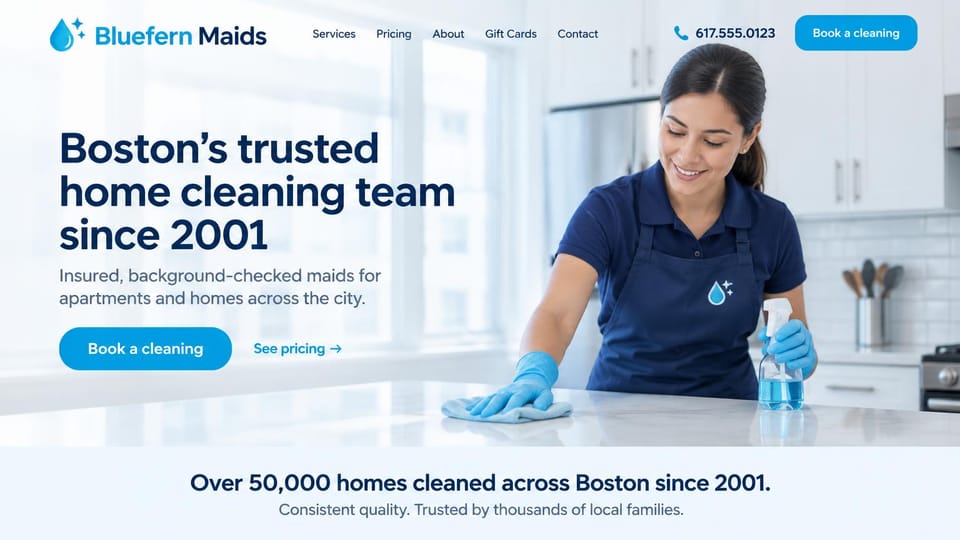 Cleaning service website design, city maid service with a track record band: white page, a navy headline, a blue booking button and a cleaner in a navy apron wiping a kitchen counter, a pale blue proof band below