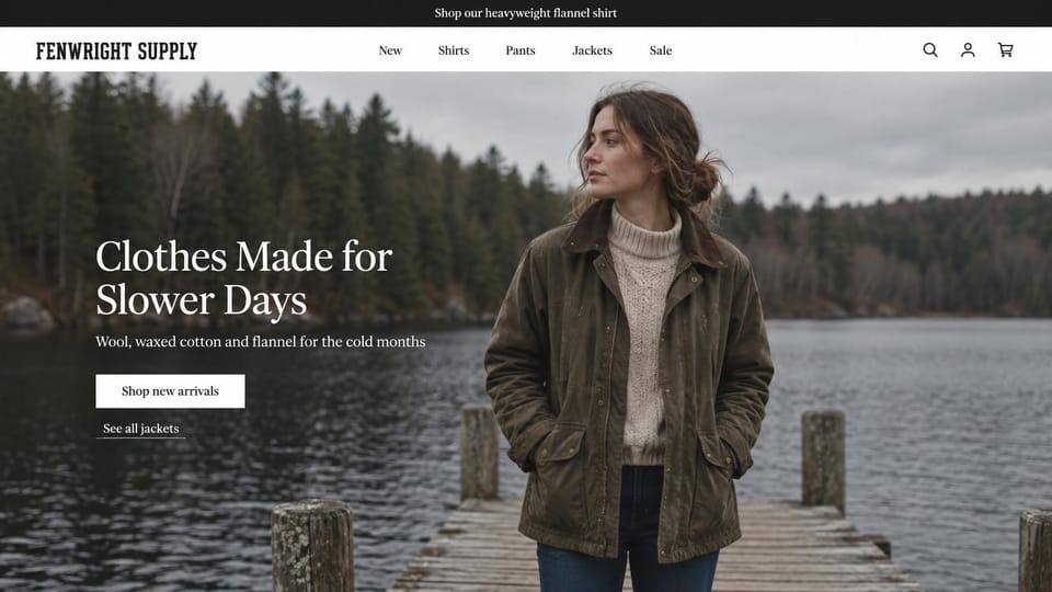 Landing page website design, outdoor clothing on a misty lakeside: white header with a condensed logo, a woman in a waxed jacket on a lake dock with pines behind, large white serif headline