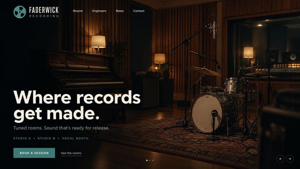 Recording studio website design, two-room studio with a photo slideshow: dark wood live room with a drum kit and a piano, large cream headline at the lower left, teal room names and button, slide arrows