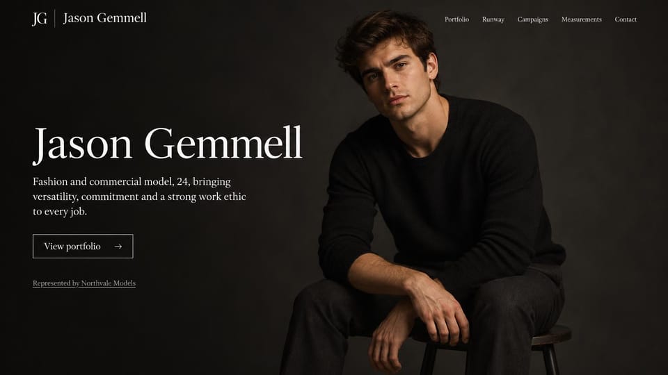 Model portfolio website design, agency-signed male model, dark and moody: near-black studio, a man in a black sweater on a stool, a large white serif name and an outlined portfolio button