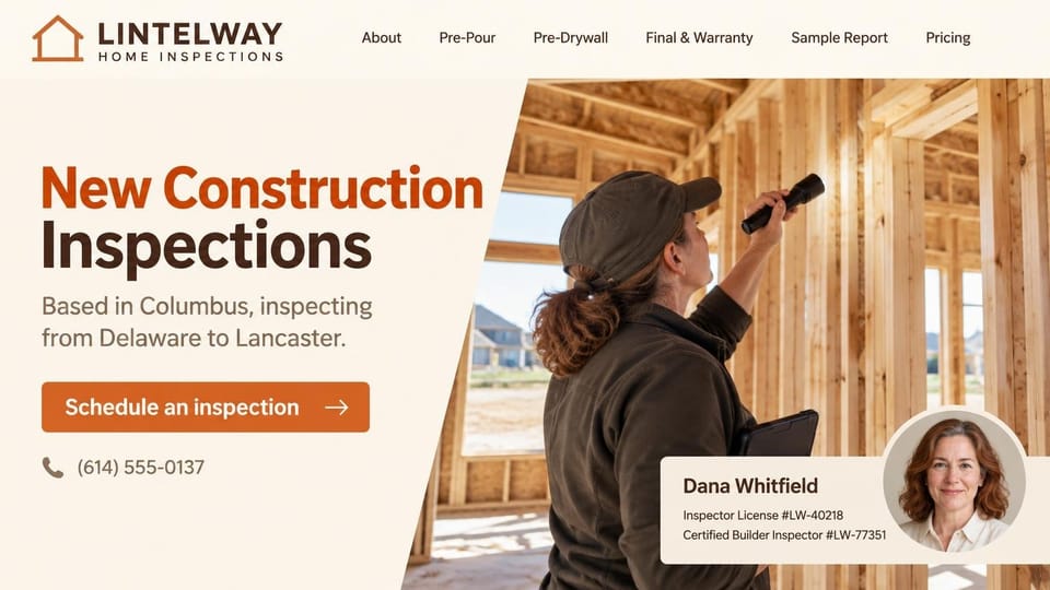 Home inspector website design, new construction inspections at each build stage: cream page, a burnt orange and brown headline, an orange schedule button and phone number, an inspector shining a flashlight in a timber-framed house and a card with her portrait and license numbers