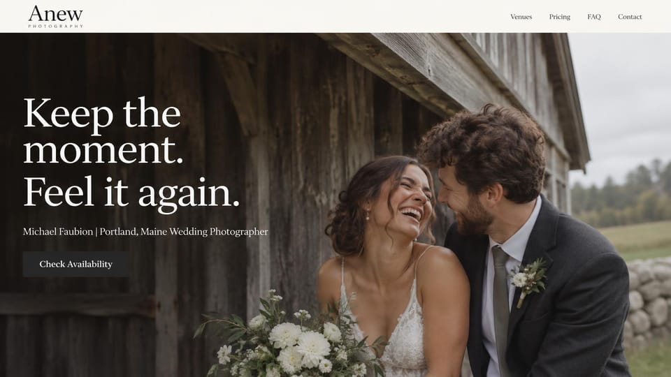 Wedding photographer website design, wedding photographer with a short, bold promise: cream menu, a laughing couple beside a weathered barn, a huge white serif headline in three short lines and a dark button