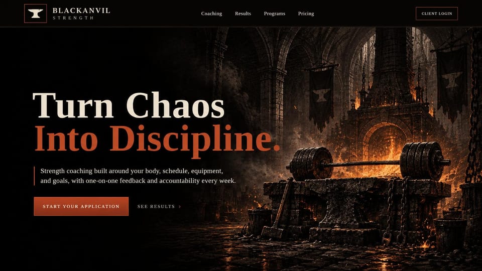 Personal trainer website design, online strength coaching with a dramatic forge scene: black page, a large cream and ember orange serif headline, an illustrated stone forge with a loaded barbell on an anvil, an orange application button