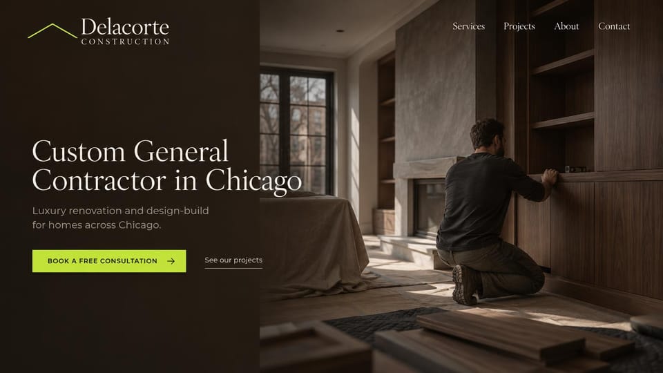 Construction website design, luxury renovation contractor in dark wood tones: dark brown page, a carpenter kneeling to fit wood built-ins in an unfinished room, a thin cream serif headline and a lime green button