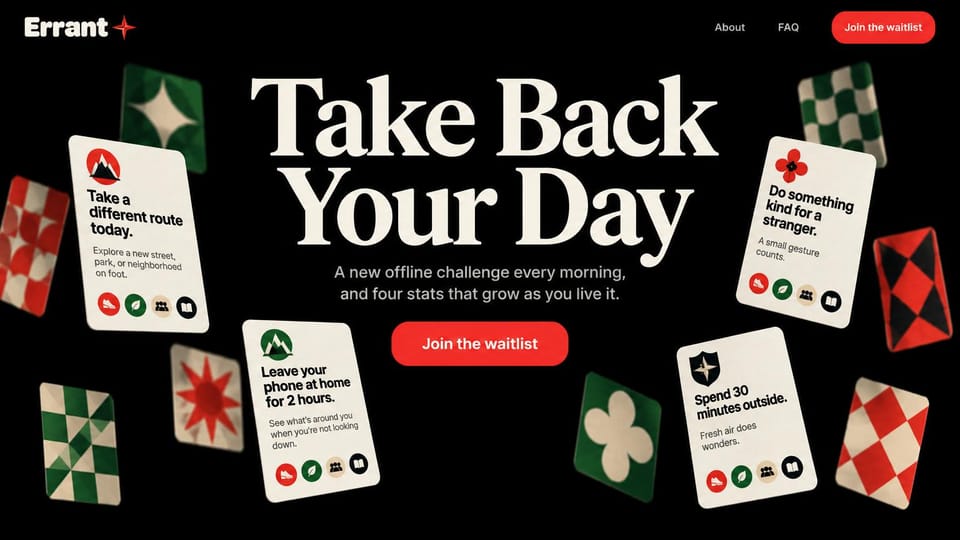 Mobile app website design, daily challenge app with playing cards: black page, cream serif headline, a red waitlist button and scattered red and green challenge cards