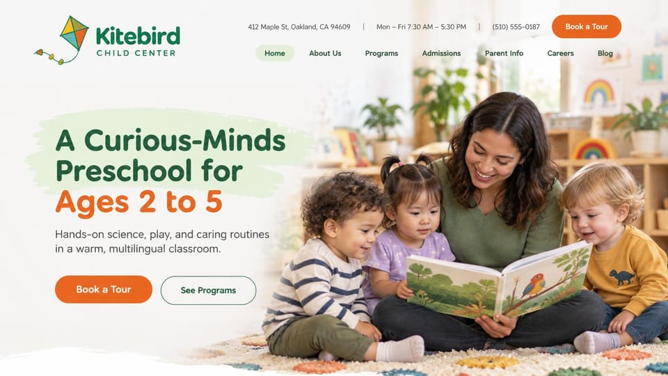 Daycare website design, preschool with hours and address up top: white page, green and orange rounded headline beside a teacher reading a picture book to three toddlers on a rug