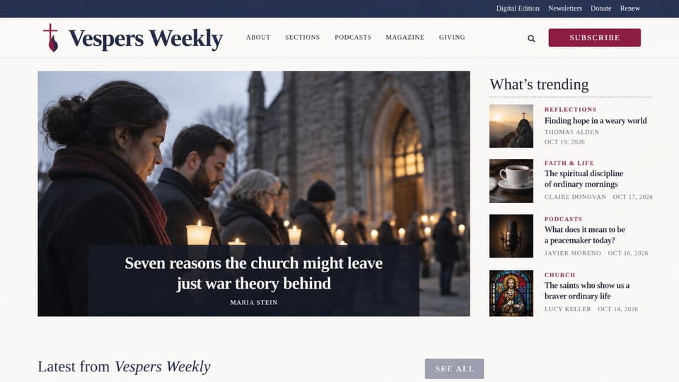 News and magazine website design, faith weekly with a candlelit lead and trending list: off-white page, navy serif wordmark with a red cross and flame, crimson subscribe button, people holding candles outside a stone church at dusk, a trending column with small photos