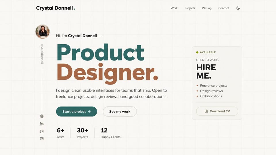 Personal website design, designer open to work with a hire me card: light grid page, an oversized teal and rust headline, a small portrait and a hire me card with a CV button