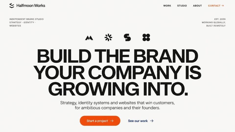 Agency website design, brand studio with a row of marks: off-white page, four black logo marks above a huge black uppercase headline and an orange button