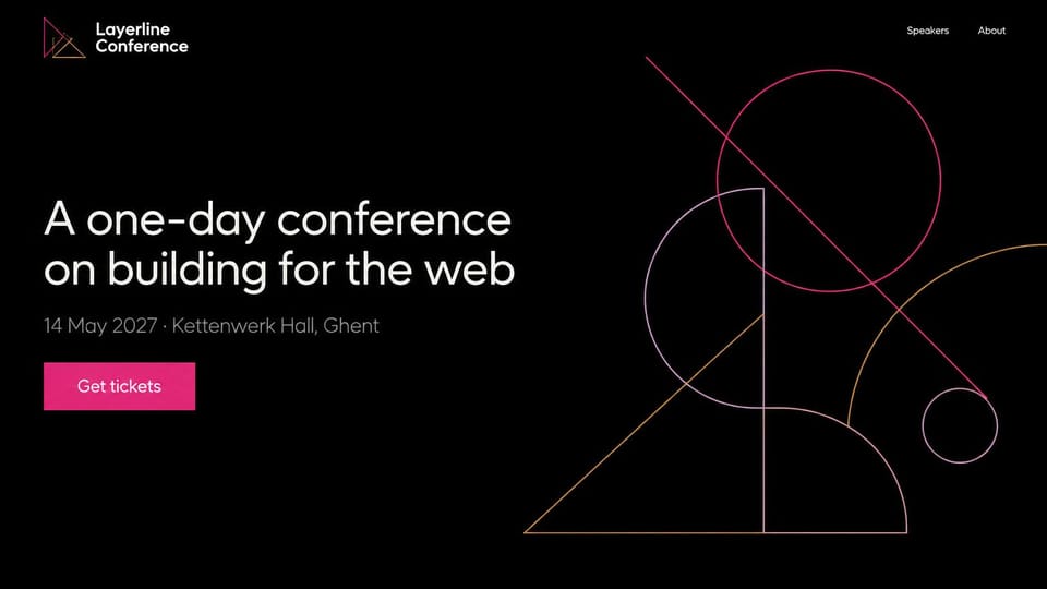 Event website design, one-day web conference with geometric line art: black page, white headline, pink ticket button, pink, gold and lilac geometric line drawing on the right