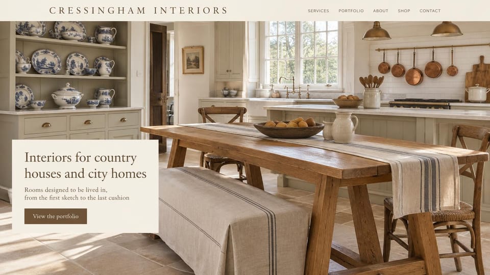 Interior design website design, country kitchens with a cream text panel: a country kitchen with blue and white china, copper pans and an oak table, a cream panel with a brown serif headline and button