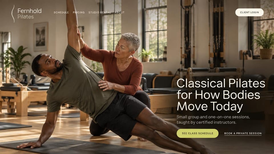 Fitness website design, classical Pilates with an instructor at work: warm studio photo of an instructor assisting a stretch, white serif headline and a lime button