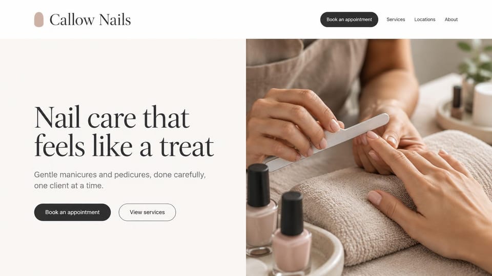 Landing page website design, careful nail care, one client at a time: white page split in half, a large charcoal serif headline beside a close-up of nails being filed on a towel